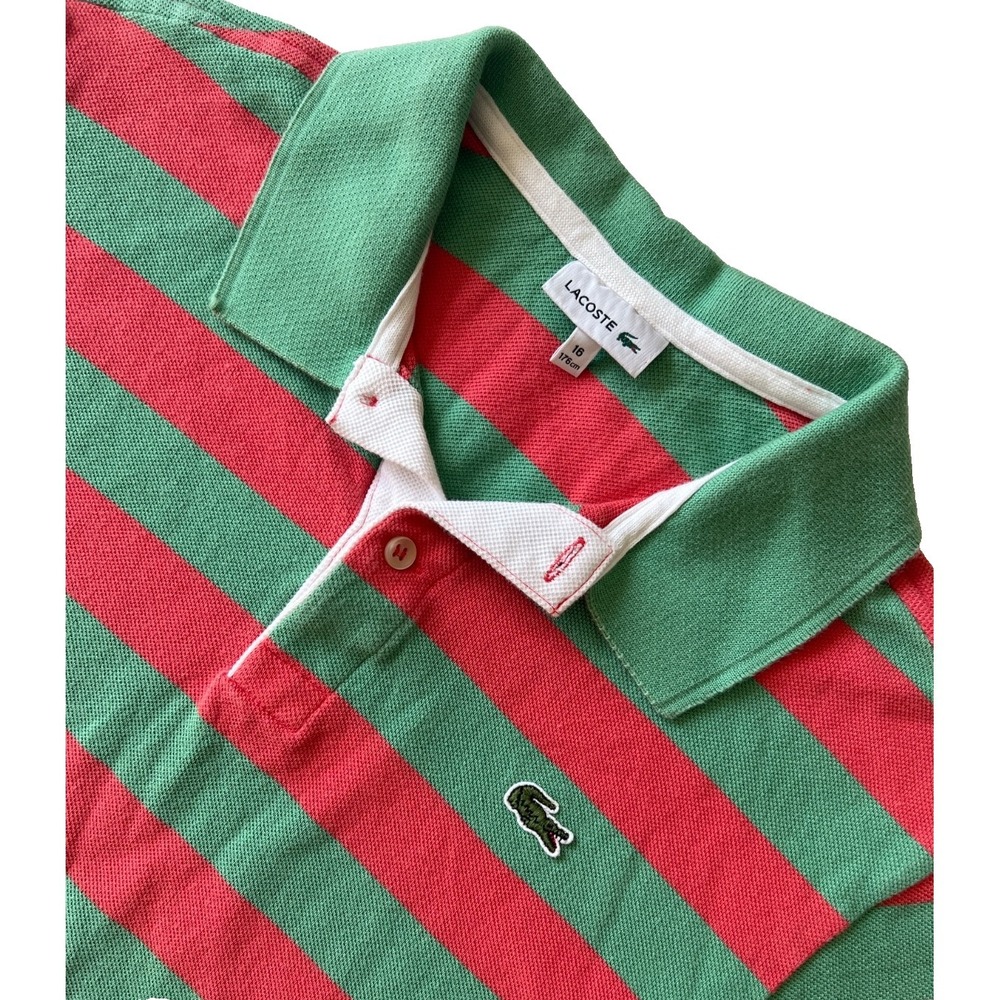 Lacoste Shirt Striped Polo Red Green Short Sleeve Sz 16 Crocodile Classic Top